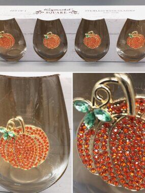 4 Rhinestone Orange Gold Pumpkin Stemless Wine Glass Set Jewel Fall Thanksgiving